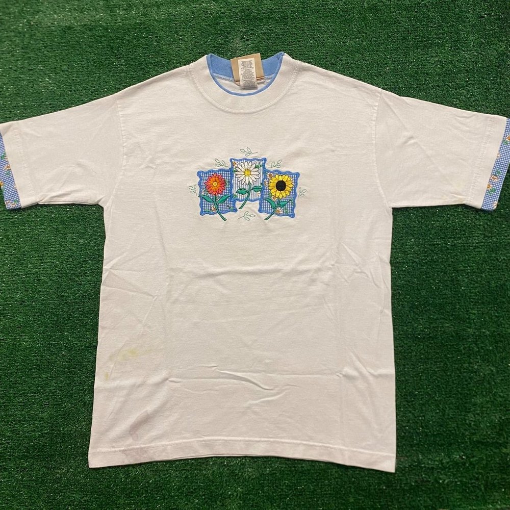 Vintage 90s Gingham Flowers T-Shirt Boxy White M Cottagecore Grandma Garden